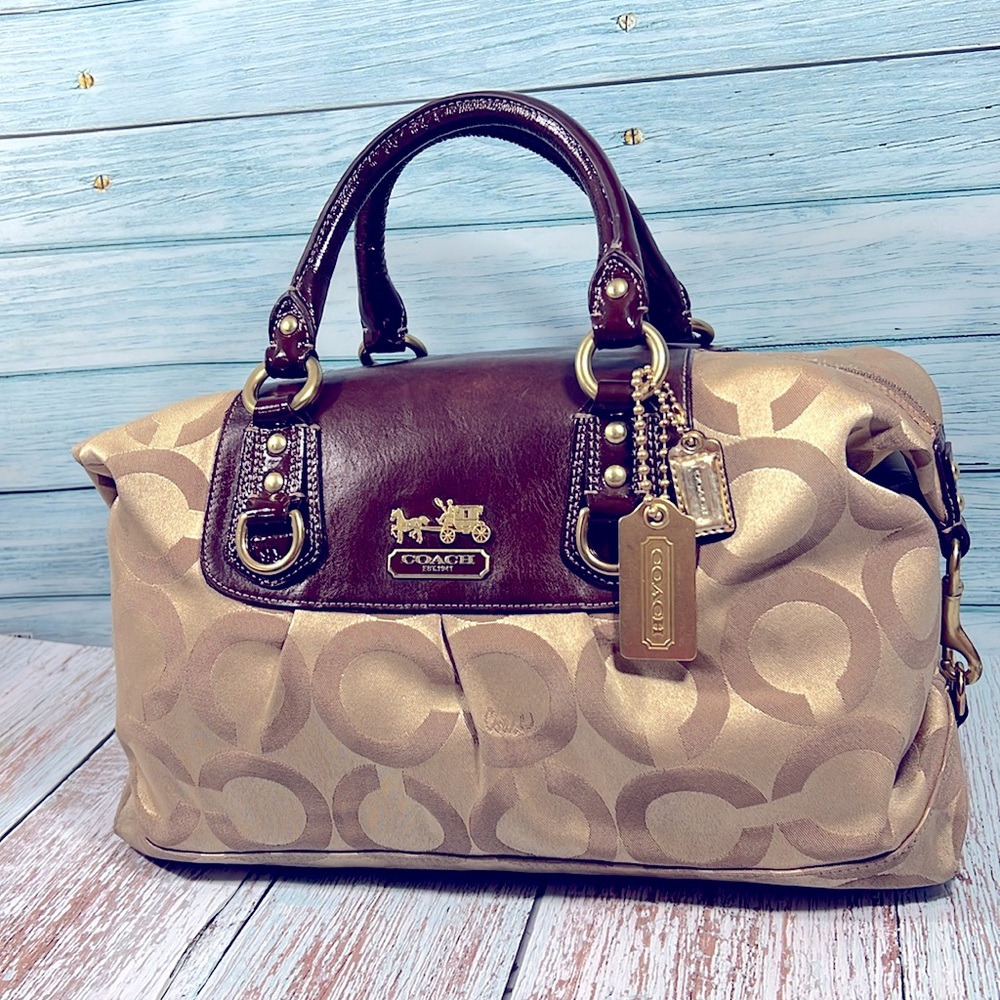 🌺 COACH MADISON SABRINA SIGNATURE OP ART HANDBAG 12943 BROWN AND KHAKI SATCHEL